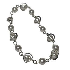 Silver Tone and White Faux Pearl Fashion Bracelet 8.5”